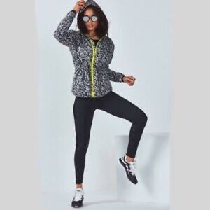 Fabletics Jacket Hooded Black and White Athletic Windbreaker Rain Zip Up